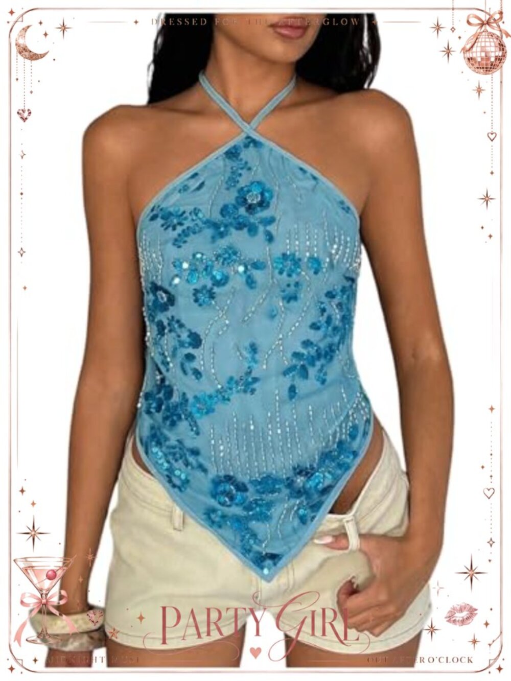 Sequin Sparkly Tie Backless Asymmetrical Halter Top Sleeveless